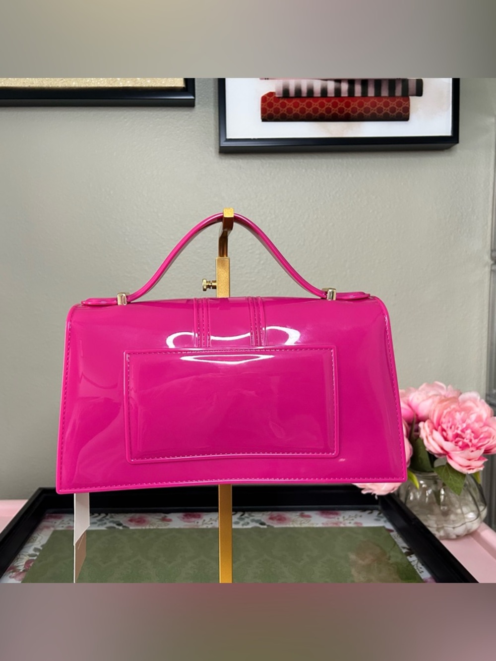 Hot Pink Women’s Jelly Bag- Top Handle and Adjustable Crossbody Shoulder Strap - Picture 3 of 11